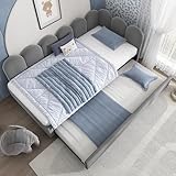 RIAZOS Polsterbett Einzelbett 90x200 cm, Tagesbett Schlafsofa mit 90x190 Ausziehbett, Daybett mit Lattenrost, Kinderbett Jugendbett Erwachsenenbett, Samt, ohne Matratze, Grau