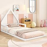 Kinderbett 90x200 mit Lattenrost - Montessori Bett Hausbett für Jungen und Mädchen - Holz Bodenbett Bettgestell aus Kiefernholz Abenteuerbett, ohne Matratze (Weiß, 90x200)