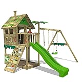 FATMOOSE Spielturm Stelzenhaus JungleJumbo mit Schaukel & apfelgrüner Rutsche, Spielhaus mit Sandkasten, Leiter & Spiel-Zubehör
