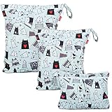 Damero 3 Stück windeltasche wetbag wiederverwendbar, Nasstaschen für Unterwegs, Wetbag windelbeutel für Babys Windeln, schmutzige Kleidung und anderes Zubehör (Katze)