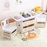 Yorbay Kindertisch mit 2 Stühle, Kinderaktivitätstisch mit Stauraum, 3tlg Kindersitzgruppe, Sitzgruppe für Kinder, Maltisch für Kinderzimmer, Spielzimmer, Vorschüler, Kindermöbel (Weiß)