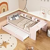 RIAZOS Kinderbett 90x200 mit Regale und Schreibtisch, Einzelbett mit Ausziehbett, Tagesbett mit Lattenrost, Massivholz Kiefer Holzbett, Multifunktionsbett, ohne Matratze, Rosa