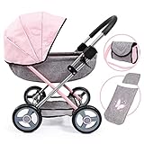 Bayer Design 12733AA Puppenwagen Cosy, zusammenklappbar, inklusive Tasche und Bettdecke, modern, Jeans-grau, rosa mit Schmetterling, 46cm