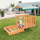 Mucola Sandkasten rollbar Sandbox mit Abdeckung und Sonnenschutz aus Holz für Kinder, 182 x 100 x 140, mit Veranda und Geländer - Grün