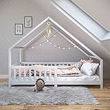 IDIMEX Hausbett CORA 90x200 cm, Weiß - Kinderbett mit Rausfallschutz aus Massivholz, Montessori Bodenbett, Holzbett für Jungen und Mädchen