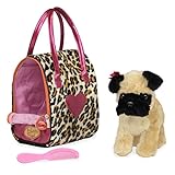 Pucci Pups Mops Kuscheltier Hund in Handtasche mit Zubehör – Plüschtier Welpe in Leopardenmuster Tasche – Spielzeug für Kinder ab 2 Jahre