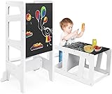 Dripex Lernturm Für Kinder Baby, Montessori Lernturm mit Tafel, Der Tritthocker Verwandelbar in Kindertisch und -Stuhl, Multifunktion, Sicherheit, Hochwertiges Holz, Weiß (Geometrieform)