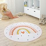 Paco Home Kinderteppich Teppich Rund Kinderzimmer Spielmatte Babymatte rutschfest Stern Mond Elefant Regenbogen, Grösse:Ø 120 cm Rund, Farbe:Creme