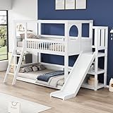 Merax Etagenbett 90x200cm mit Rutsche, Kinderbett mit Regal & Sicherheitsleiter, Hochbett mit Stauraum, für Jungen, Mädchen, Weiß (Ohne Matratze)
