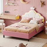 Henunem Kinderbett Polsterbett 90x200 mit LED, Bettgestell für Mädchen, mit Verstellbares Kopfteil, Bettgestell mit EIN Kopfteil in Form Einer Krone und Lattenrost, PU, ohne Matratze (Rosa-3-1)