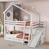 xixiworkshop Kinderbett 90×200cm, Hausbett mit 2 Schubladen Ablageregal/Treppe/Rutsche Kinder-Etagenbett mit Stabiles Holz Lattenrost Hochbett Rausfallschutz, Bett mit Stauraum, ohne matratze, weiß