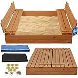 KOTARBAU® Sandkasten mit Abdeckung - 120 x 120 cm - Sandkiste aus Holz - Sandkasten mit Deckel & Sitzbänken - Gartenspielzeug für Kinder - mit Sandkastenvlies - Imprägniert - Holz - Braun