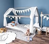 ALCUBE Hausbett 90x200 im Montessori Stil für Mädchen und Jungen - Kinderbett bodentief aus massiven FSC Holz in Grau