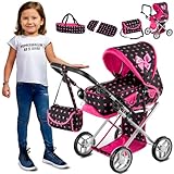 Kinderplay Puppenwagen ab 1 2 3 Jahre Kinderwagen Spielzeug - 3 in 1, Puppenwagen mit Herausnehmbarer Tragetasche und Umhängetasche, Höhenverstellbar 36.5 cm bis 64 cm, KP0200R