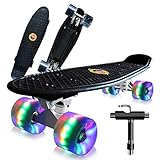 Saramond Skateboard komplett 55 cm Mini-Cruiser Retro-Skateboard für Kinder Jungen Mädchen Jugendliche Erwachsene Anfänger, LED-Blitzräder mit All-in-One Skate T-Tool (schwarz)