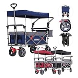 Arebos Bollerwagen Premium faltbar mit Dach | Handwagen mit 3-Punkt Gurtsystem | Faltwagen | Transportwagen | klappbar | bis 100 kg Tragkraft | Vorder- und Hinter-Bremse | Inkl.Tragetasche | Blau