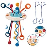 KmmiFF Montessori Spielzeug ab 1 Jahr mit 2 Sicherheitsgurte, Sensorik Baby Spielzeug Weiche Zugschnur UFO Silikon Motorikspielzeug Geschenke für Babys 12–18 Monate