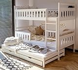 Kids Collective Hochbett 90x200 mit Ausziehbett Etagenbett mit Ausziehfunktion, Zwei Schubladen, Lattenrost, Rausfallschutz, umbaubar in DREI Einzelbetten, Vollholz massiv in Weiss 4.-18. Lebensjahr