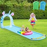 NMM Elefanten Wasserrutsche mit 2 Bodyboard, Sommerspielzeug mit eingebautem, Rasen-Wasserrutsche für Sommer-Wasserspaß im Garten für Kinder und Erwachsene(197in x 50in)