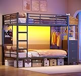 AOGLLATI Hochbett 90x200cm mit LED Beleuchtung und Ladestation Kinderbett 90x200 mit Treppe und Rausfallschutz Platzsparendes Kinder Etagenbett Jugendbett mit Garderobenständer und Stauraum