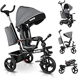 KIDIZ® Dreirad 5in1 Kinderdreirad mit Schubstange Lenksystem Stange ab 1 Jahr, Jogger vorwärts und Rückwärtsfahrt,Korb Tasche Getränkehalter Sonnendach Gummiräder Buggy Fahrrad Baby Klappbar, Grau