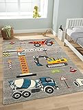 the carpet Monde Kids Kinderteppich, Spielteppich, Weicher Flor, Pflegeleicht, Farbecht, Lebendige Farben, Baustelle, Bagger, Kran, Grau, 120 x 170 cm