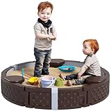 AIYAPLAY Sandkasten, 120 x 120 cm Sandkiste Sandbox mit 3 Sitzen, wasserfeste Unterlage, wetterbeständige Schutzplane, für Kinder Outdoor Dunkelbraun