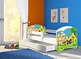 CLAMARO 'Fantasia Weiß' 140 x 70 Kinderbett Set inkl. Matratze, Lattenrost und mit Bettkasten Schublade, mit verstellbarem Rausfallschutz und Kantenschutzleisten, Design: 20 Bagger
