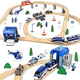 Ulikey Holzeisenbahn Set Kinder, 72 Teiliges Holzeisenbahn Schienen und Zug Spielzeug, Modelleisenbahn-Set mit Elektrische Lok, Polizei und Räubern, Spielzeugeisenbahn Geschenk für Jungen und Mädchen