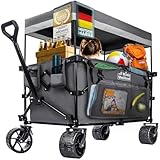 Faltbarer Bollerwagen Handwagen Transportkarre; Strand-Buggy bis 90L&150kg; XXL Geländeräder mit Bremse; Leiterwagen; Camping-Wagen für Strand, Garten & Outdoor; Verstellbarer Griff & Tasche (Grau)