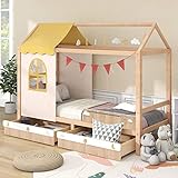 Merax Hausbett 90x200 cm mit Rausfallschutz, Kinderbett mit Schubladen & Lattenrost, Vielseitiges Holz Spielbett für Jungen & Mädchen, Kiefergestell, Natur