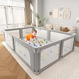 Seeday Laufstall Baby Faltbar, 187 x 155cm Kinder Laufstall mit Matte, Baby Playpen Laufgitter für drinnen & draußen mit Aufbewahrungstasche, 50 Bälle und 2 Ringe, Hellgrau