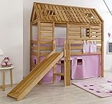 Froschkönig24 Hochbett Tom´s Hütte 1 Kinderbett m Rutsche Spielbett Bett Natur Stoff Rosa/Weiß