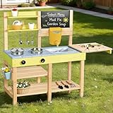 Dreamon Matschküche Kinder Outdoor, Holz-Spielküchenset mit Abnehmbarer Spüle, Kreidetafel, Gartenspielzeug & Edelstahl-Kochzubehör, Matschküche Zubehör für Kinder ab 3 Jahren