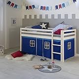 Homestyle4u 519, Kinderbett 90 x 200 Weiß Blau Hochbett mit Treppe Vorhang Bettgestell Holz Kiefer Kinderzimmer