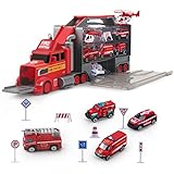 Rhybor Feuerwehrauto Groß Truck Autotransporter LKW Spielzeug 5 Mini Metall Auto Spielzeugset Feuerwehr Autos Spielzeug ab 2 3 4 5 Jahr Kinder
