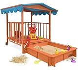 Spielwerk Sandkasten mit Dach Veranda 130x130x143cm Sandkiste Spielhaus Holz UV 50+ Sonnenschutz Abdeckung Transportrollen Garten Sandspielzeug Kinder