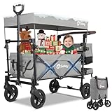 Sekey Bollerwagen Faltbar mit Dach 2 Kinder 100KG, Faltbarer Bollerwagen Handwagen Schiebegriff, Kinderwagen Stoßfest PU-Räder mit Bremsen 110L, SS5050, Grau