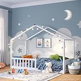 Bellabino Bia Kinderbett 80x160 cm – Hausbett mit Rausfallschutz & Lattenrost – Montessori Bodenbett aus Massivholz Kiefer – Kinder Bett in Weiß für Jungen und Mädchen