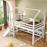 Moimhear Kinderbett, Einzelbett, 90x200cm, Multifunktionales Kinderbett, Mit Rutsche, Treppen, Schließfach, Regal, Massivholz+MDF, Weiß