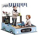AIYAPLAY Sandkasten mit Dach, 90 x 108 cm Sandkiste aus Holz Sandbox mit Sitzbank, Zeichentafel, Pflanzkästen, Einkaufsladen-Design für 2 Kinder Blau