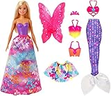 Barbie GJK40 - Dreamtopia 3-in-1 Fantasie Spielset, Puppe (blond) mit 3 Outfits und Zubehör: Fee, Meerjungfrau und Prinzessin, Spielzeug ab 3 Jahren
