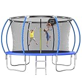 Trampolin Outdoor, Rundes Gartentrampolin für Kinder mit Netz, Leiter, Basketballkorb, Verstärktes Belastbarkeit 200-270kg Kürbis-Design Anti-Rust Frame (Blau, 366cm)