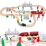 LZDMY Holzeisenbahn Set Zug Kinder, 72 Stück Elektrische Eisenbahn aus Holz Kompatibel mit Brio- Holzschienen, Holzzug Spielzeug für 3 4 5 6 Jahre alt Spielzeugeisenbahn Geschenk für Junge & Mädchen