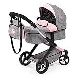 Bayer Design 17033AA Puppenwagen Xeo mit Tasche, höhenverstellbarer Griff, Schwenkschieber, wandelbar als Puppenjogger, bewegliche Vorderräder, integrierter Korb, Jeans-grau, rosa, weiß