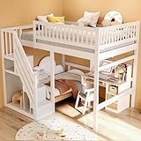 RIAZOS Kinderbett 140x200 cm, Hochbett mit Treppe und Regale, Funktionsbett Etagenbett mit Kleiderstange, Stockbett Spielbett Jugendbett, Weiß, ohne Matratze