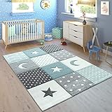 Kinderteppich Teppich Kinderzimmer Junge Mädchen Pastell Modern Kariert Punkte Mond Sterne Weiß Grau Blau, Grösse:120x170 cm