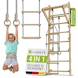 Juskys Sprossenwand für Kinder - mit Klimmzugstange, Indoor Klettergerüst mit Turnringen und Strickleiter, Kletterwand fürs Kinderzimmer, Turnstange