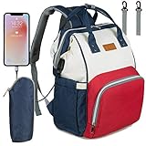 NEVEQ Baby Wickelrucksack, Babytasche für Reise, Wickeltasche Große Kapazität, Multifach Reise Rucksack Wasserdicht Fächer Babyflaschehälter (Rot, Blau und Weiß)