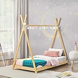 [en.casa] Kinderbett Vimpeli 90 x 200 cm Tipi Bett mit Lattenrost Kleinkindbett Bambus Zelt Spielbett Kinderzimmer